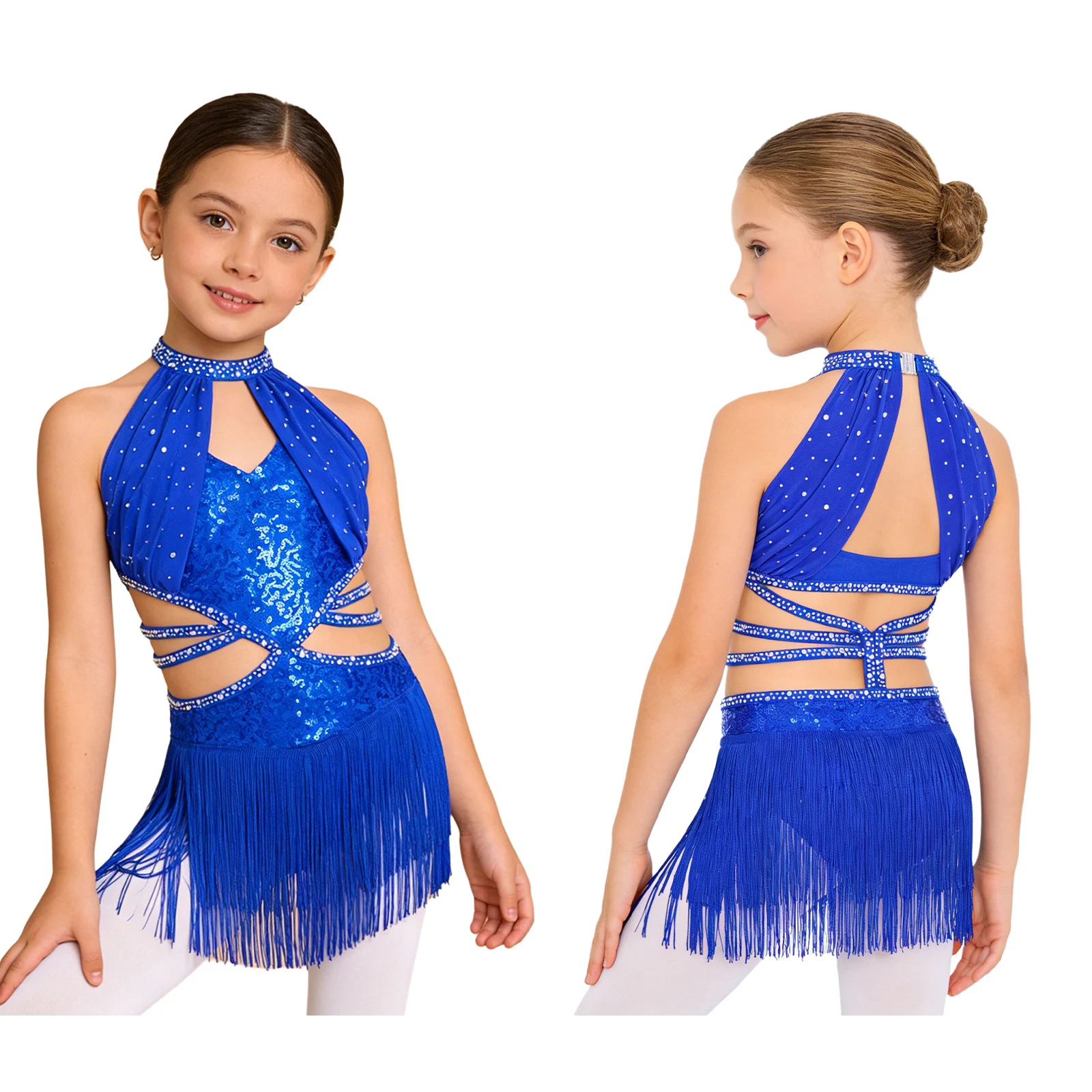 

Детское блестящее платье для латиноамериканских танцев с камнями и пайетками для девочек: бальные танцы, джаз, танго, сальса, самба. Костюм-леотард с рюшами, сеткой и бахромой.