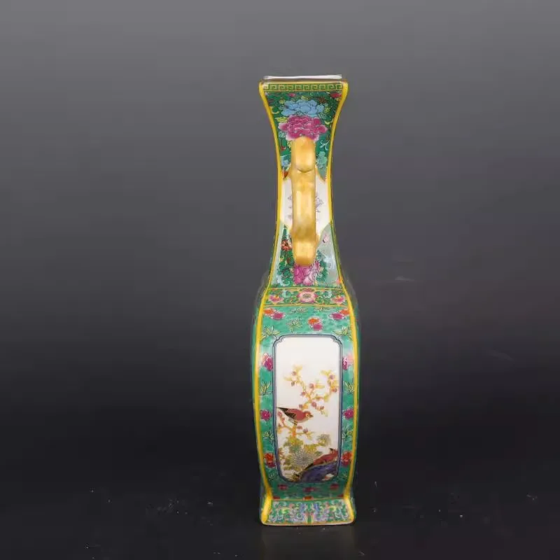 Chinese Qing Yongzheng Green Enamel Porcelain Flowers Birds Pattern Vase 10.0