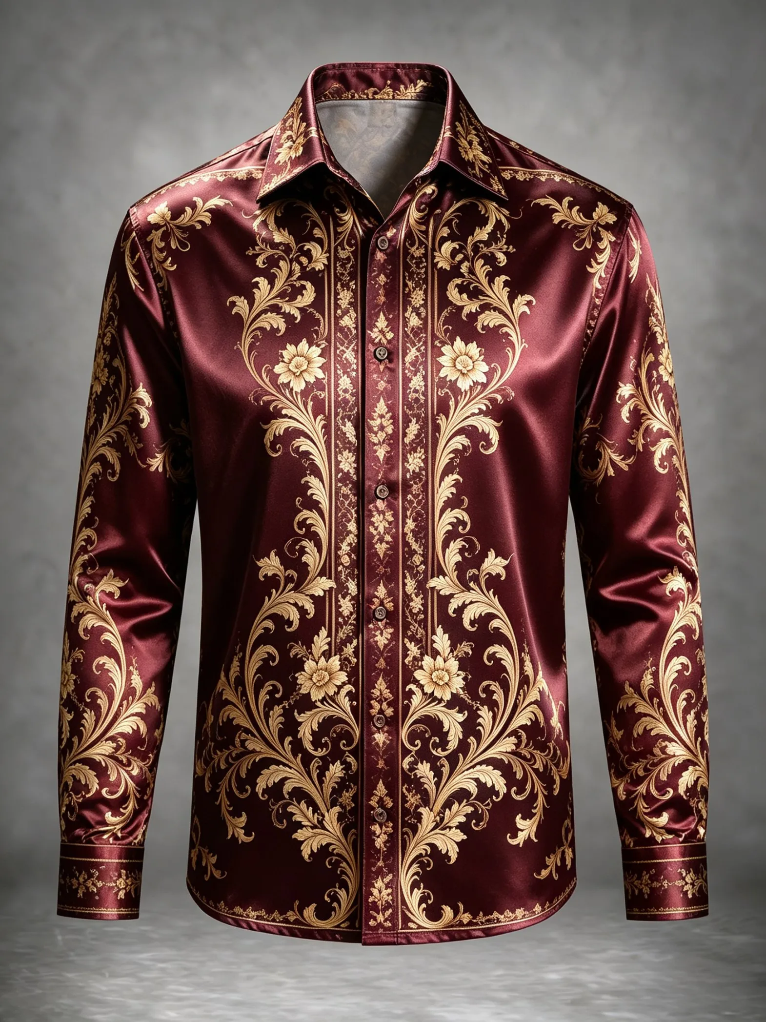 Men's Satin Long Sleeve Shirt Vintage Golden Floral Print Luxury Formal Dress Shirt for Wedding