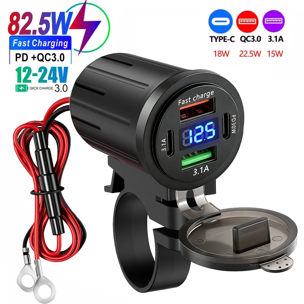 MultiPorts USB Car Charger PD QC3.0 USB Charger Socket with Digital Voltmeter Button Switch Waterproof for Motorcycle Boat ATV