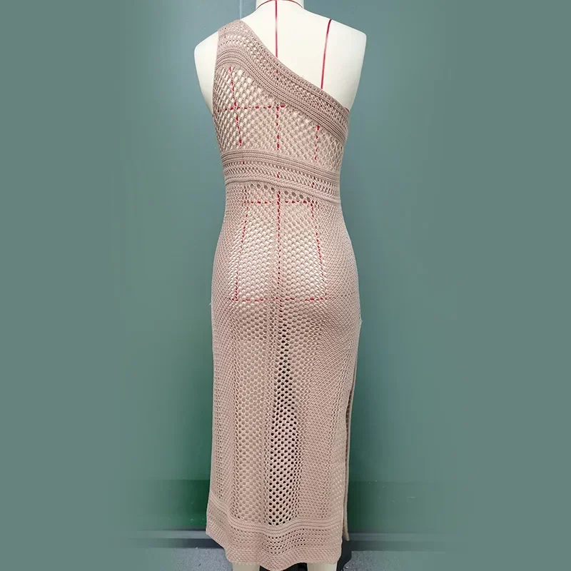 Seksowna dzianinowa sukienka maxi z rozcięciem, obcisła, letnia, narzutka na bikini, biała tunika, damska odzież plażowa, prześwitująca siateczkowa narzutka plażowa 2024