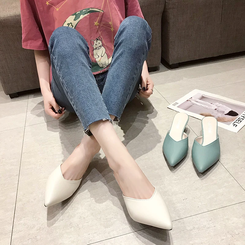 Summer Plus Size Women Kitten Heels Mules Slippers Fashion Silk Pointed Toes Med Heels Sweet Sandals Ladies Thin Heels