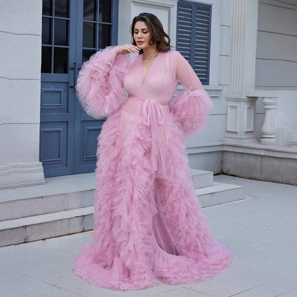 Illusion Tulle Pregnant Dresses V Neck Long Sleeve Photography Pregnancy Robes Sexy Ruffles Women Bathrobe Maternity Party Gowns