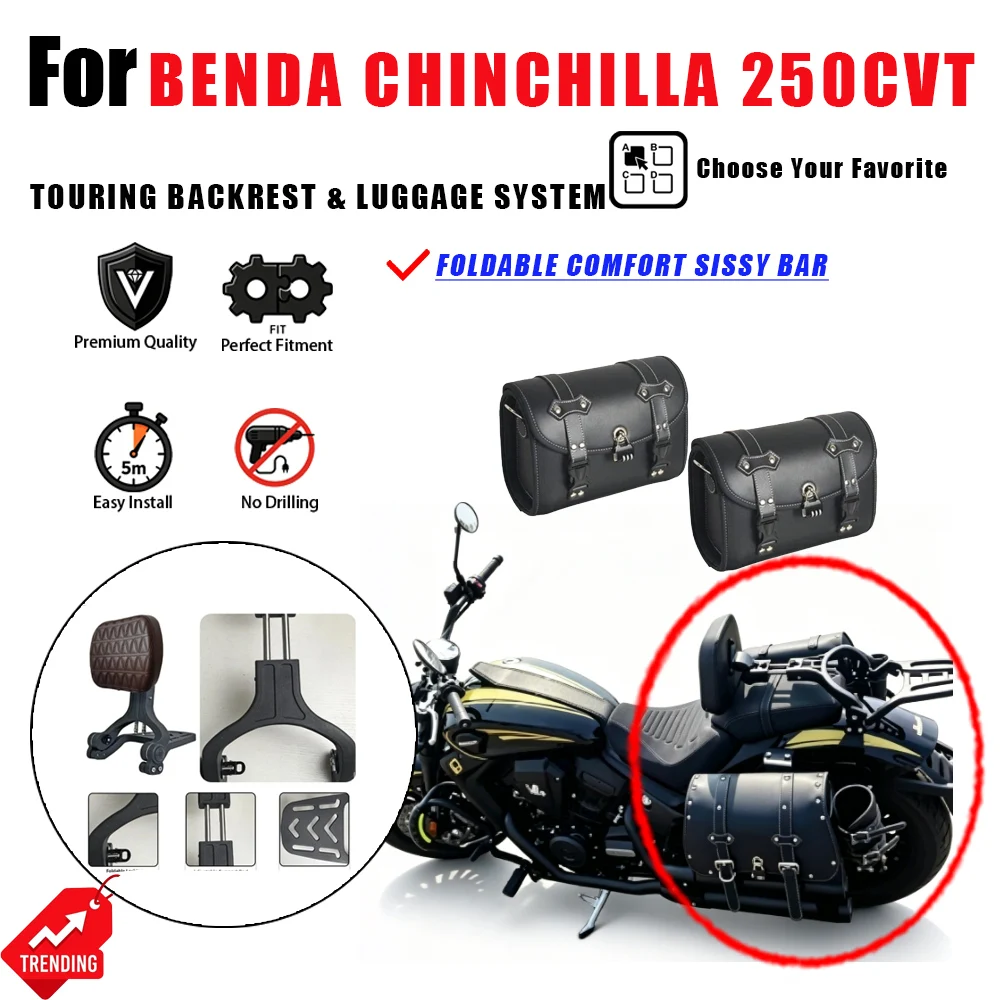 For Benda Chinchilla 250CVT Foldable Sissy Bar Backrest Quick Release Leather Bag Tail Box Accesorios Moto Respaldo Maletas Part