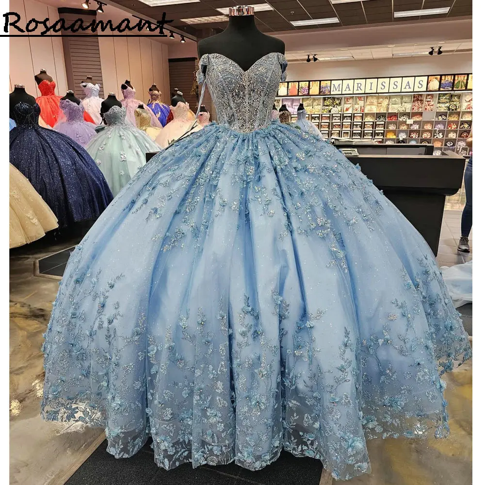 Vestidos Quinceanera de cristal, sem o ombro, babados espartilho, vestido de baile 3D, azul claro, 15 anos