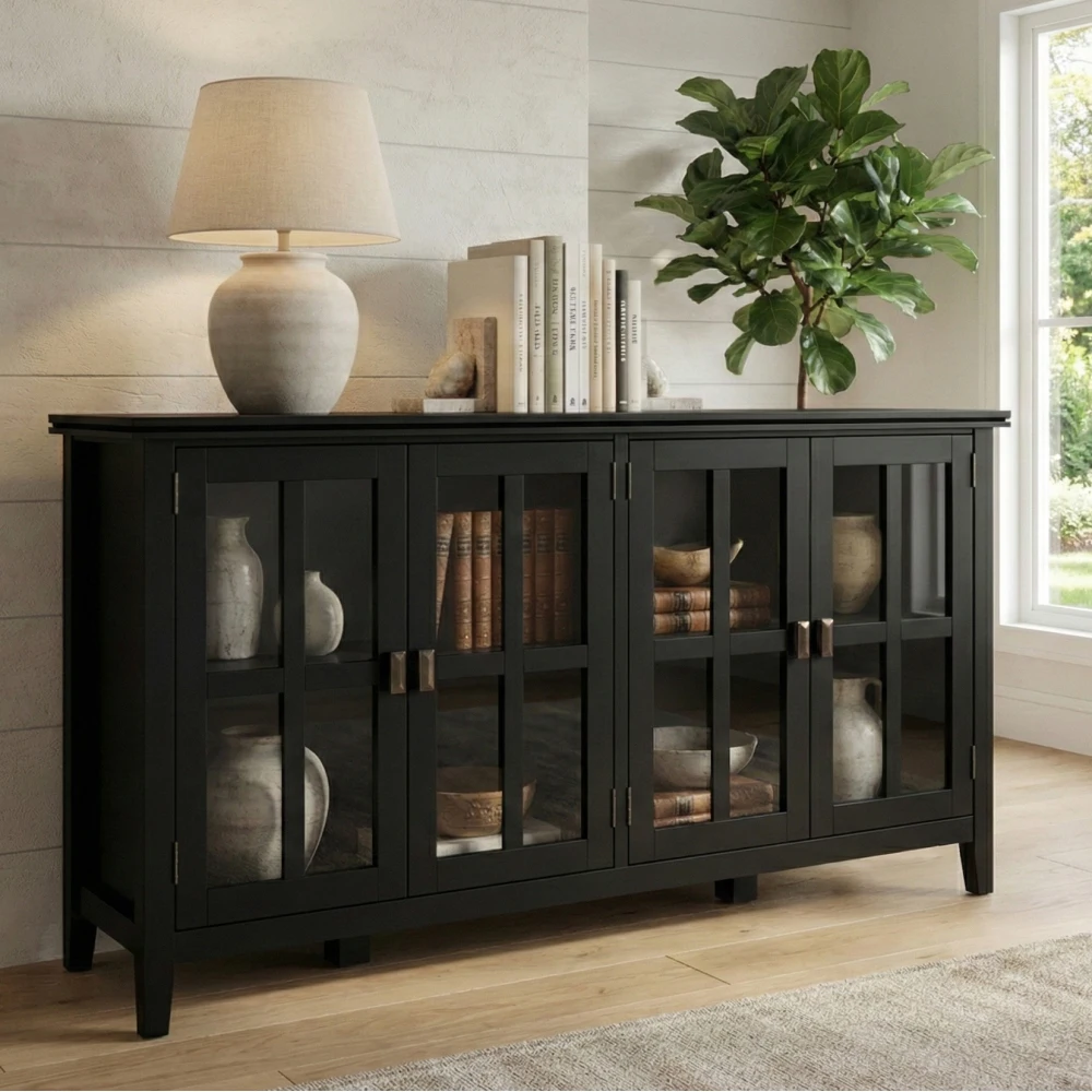 Artisan 66 inch Wide Solid Wood Wide 4 Door Storage Cabinet in Black