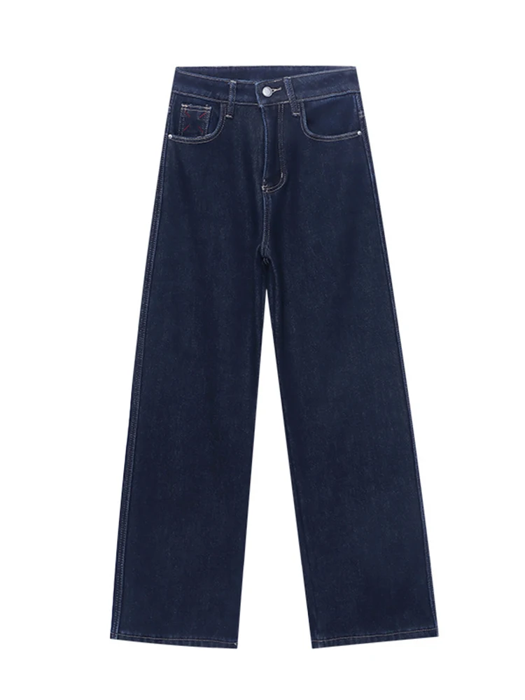 Ucxq calças de brim retas para mulheres cintura alta senhora do escritório grosso quente denim calças minimalismo roupas 2024 outono inverno novo 26c1428