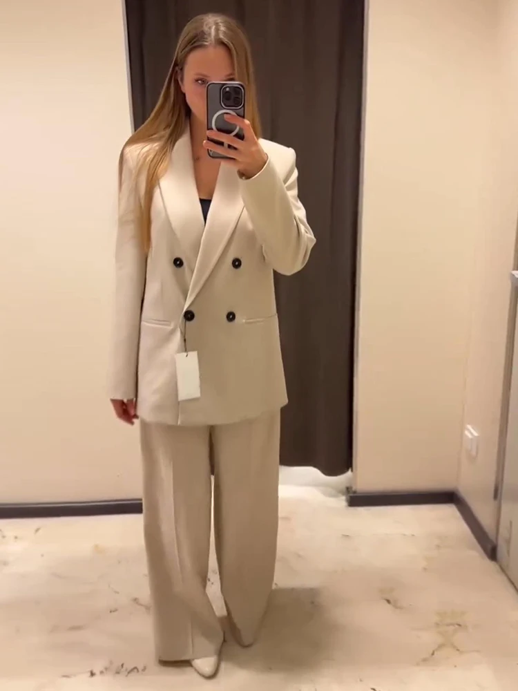 

2025 Spring New Elegant Women's Sets Turn-down Collar Double-breasted Coat High Waist Long Trousers Casual Lady Suit Commuting