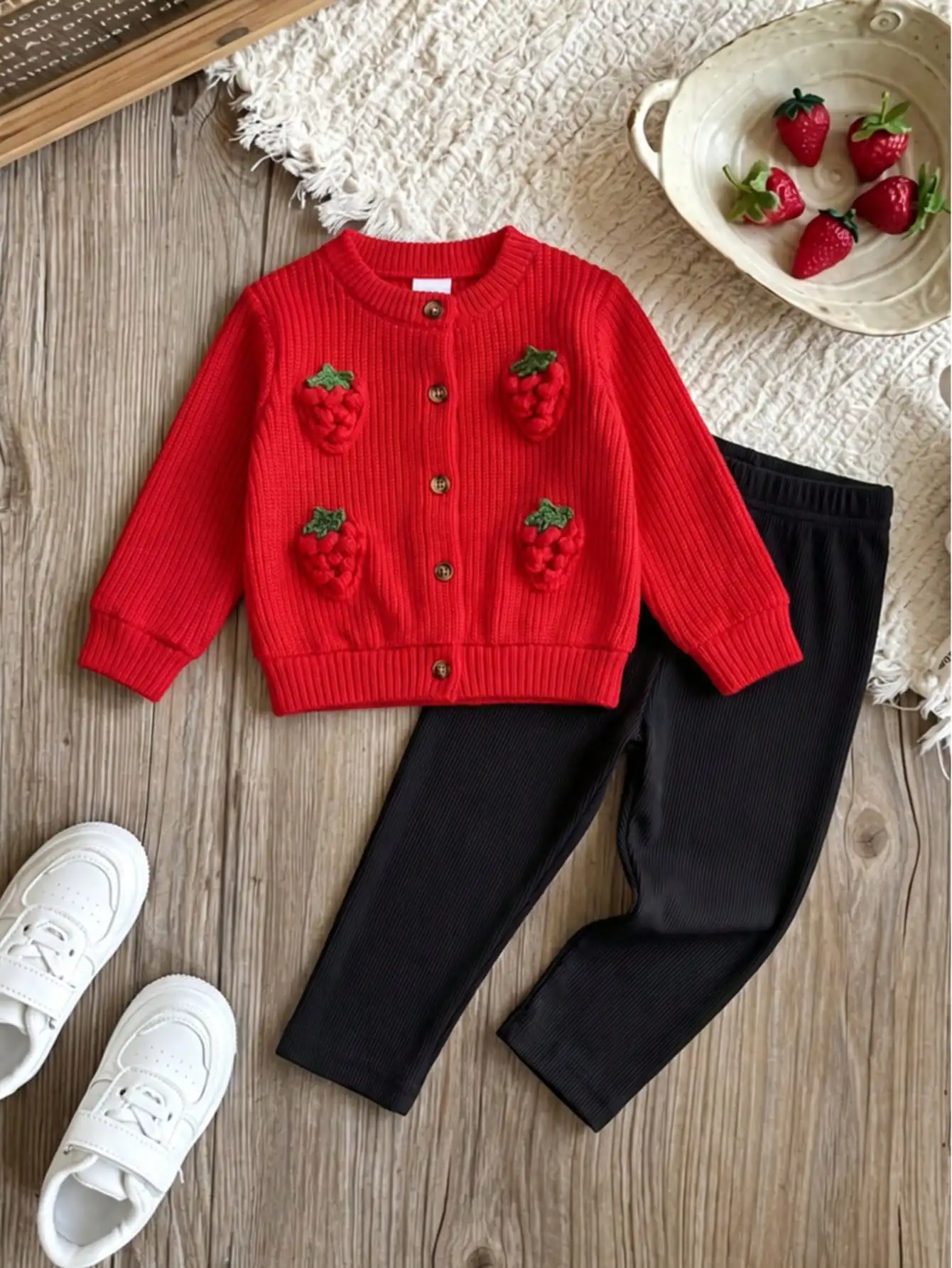 Lovely Toddler Girl 3D Fruit Apparel Knit Cardigan & Leggings Set