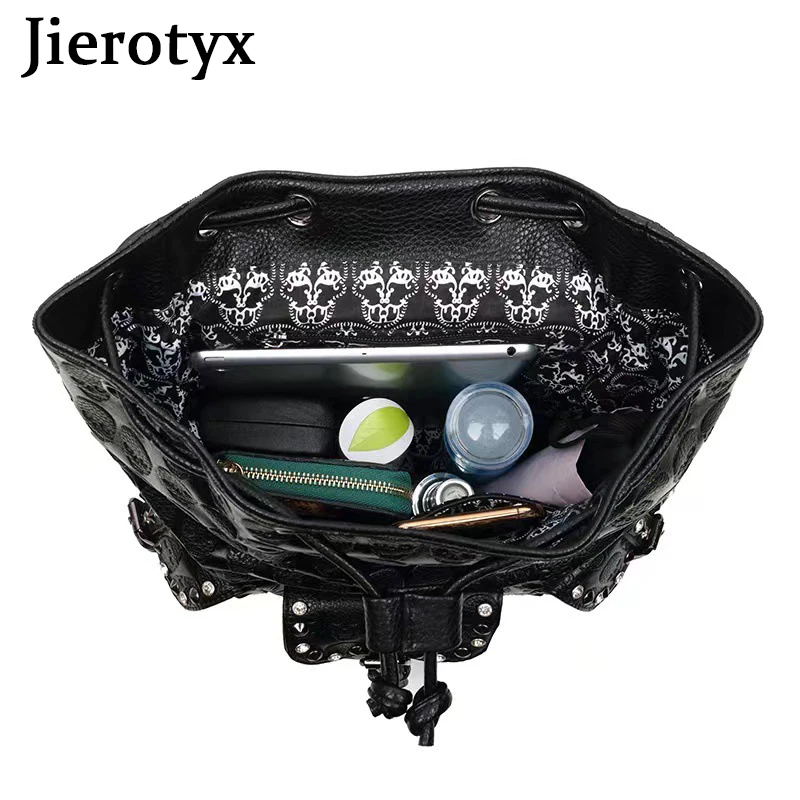 JIEROTYX Skull Backpack Women Gothic Rucksack Rivet Studded Zipper Shoulder Purse Black Punk Metal 3D Daypack School Bags