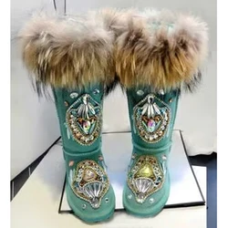 Luxury Gemstone Head Big Fox Fur Flats Snow Boots Round Toe Woman Green Real Suede Bling Rhinestone Winter Warm Fur Bota