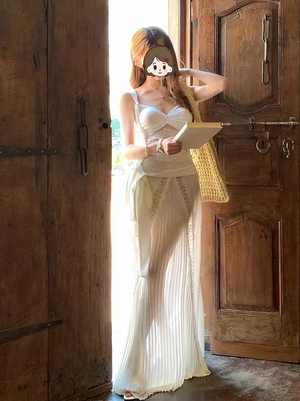 Set Dua Potong Wanita Musim Panas 2025 Tali Renda Tebal Seksi Panjang Dr Pure Desire Gadis Pedas Wanita Set Pameran Bahu V-Ne o...