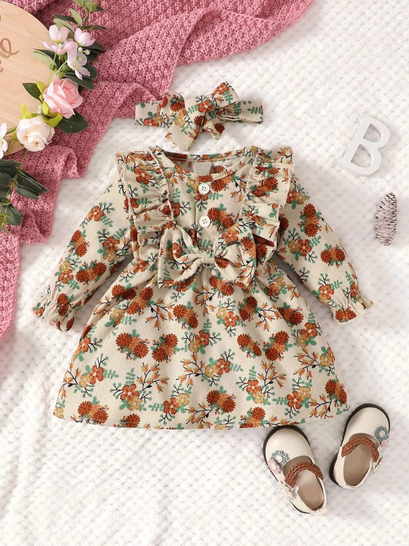 0-2 Year Old Newborn Baby Girls Spring Autumn Long-sleeved Round Neck Frilly Bow Small Floral Fashion Cute Dress