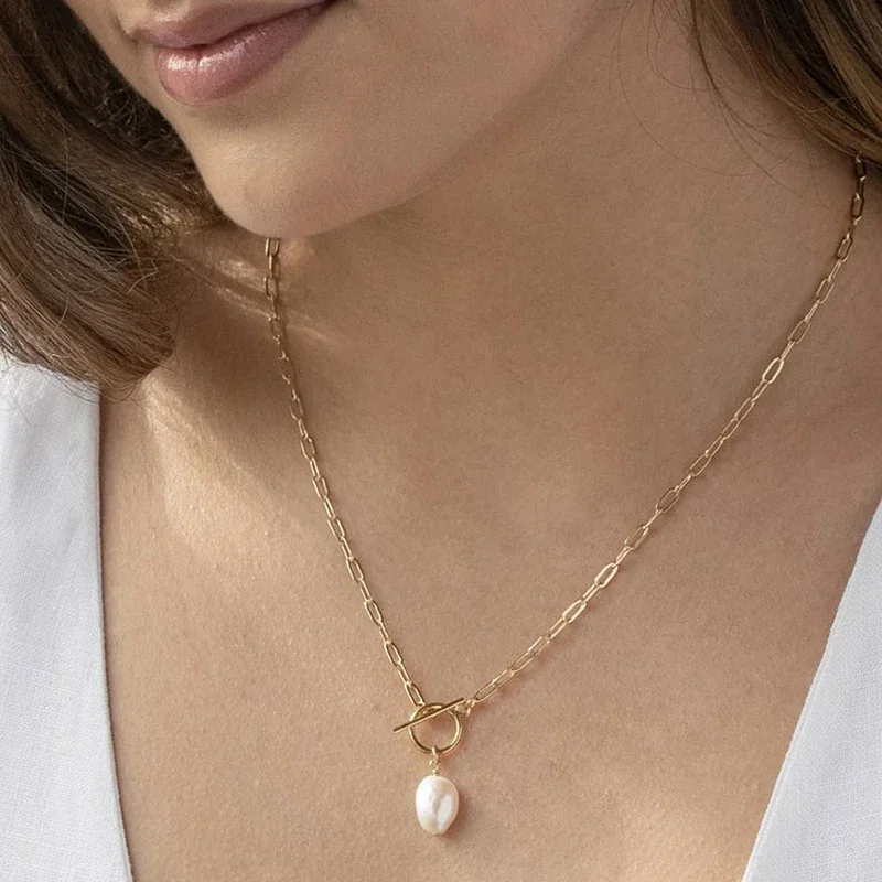 Colar de pingente de pérola de água doce barroco para mulheres vintage gargantilha cor dourada botão de aço inoxidável colares femininos