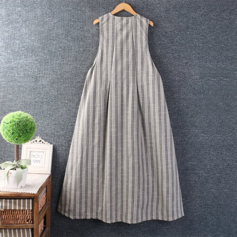 Women's Vintage Cotton Linen Dress, Japanese Style, Mori Girl, Stripe, Sleeveless, Casual, Loose, Summer