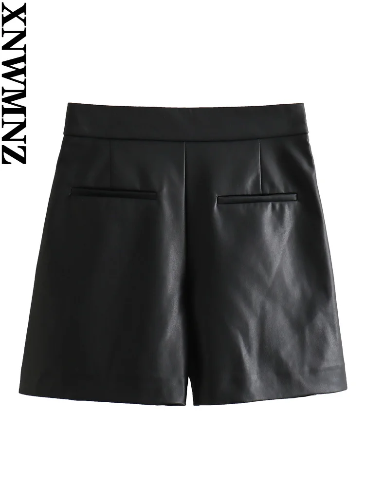 XNWMNZ Women's Fashion 2023 Faux Leather PU Bermuda Shorts Women High Street High Waist Zipper Versatile Female Shorts