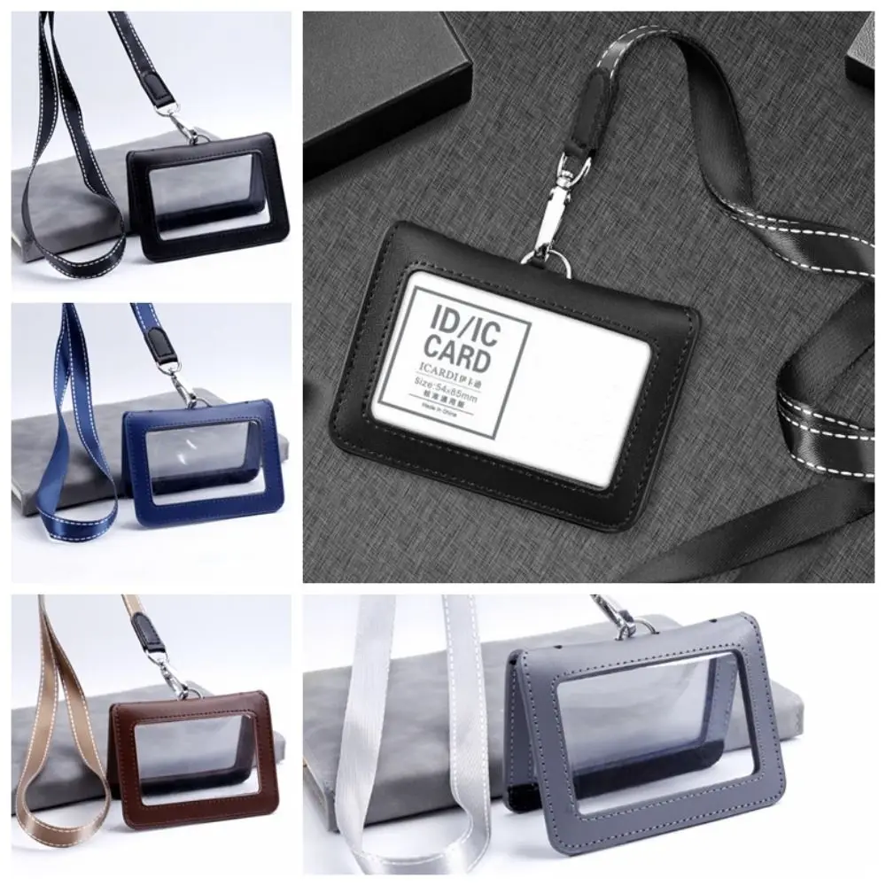 両面レザーカードカバー ネックストラップ付き バッジクリップ IDカードホルダー 折りたたみクリアレザーバッジホルダー バッジアクセサリー