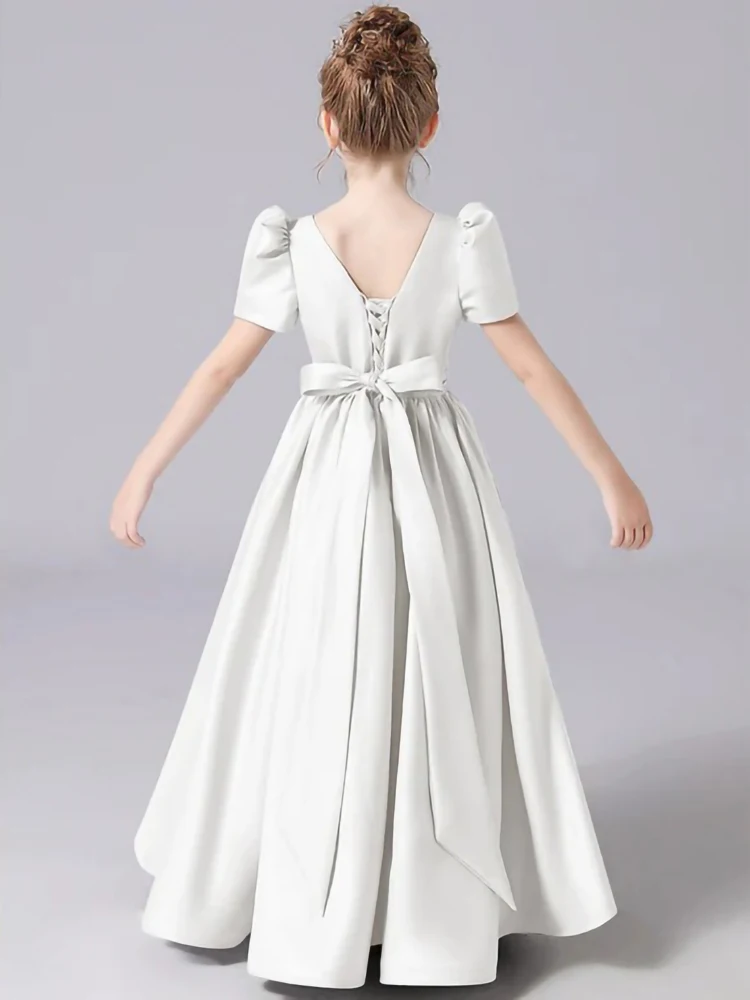 bespoke Ivory color Flower Girl dress elegant Satin puff sleeve bow princess birthday prom kids pageant communion evening gown