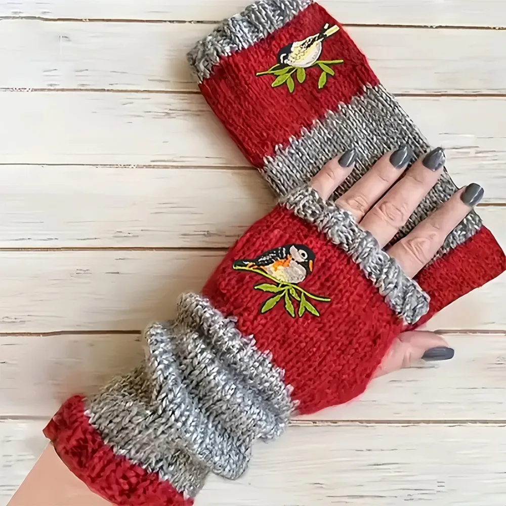 Embroidered Bird Half Finger Gloves Spicy Girl Soft Knitted Fingerless Gloves Warm Windproof Y2k Winter Mittens Outdoor