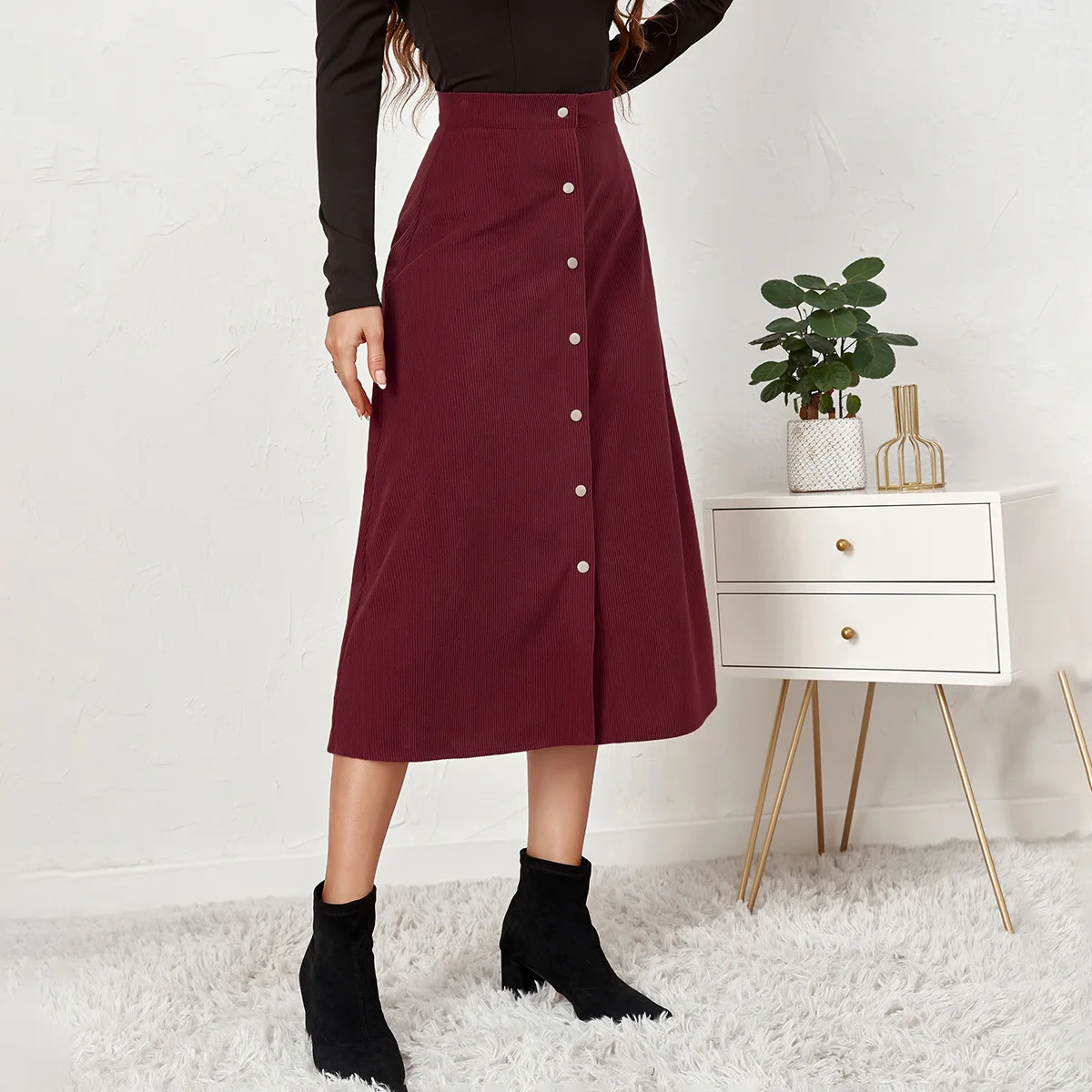 Women Skirts High End Vintage Corduroy High Waisted Button Down Skirts Fall Winter Elegant Single-Breasted Retro Long Skirt