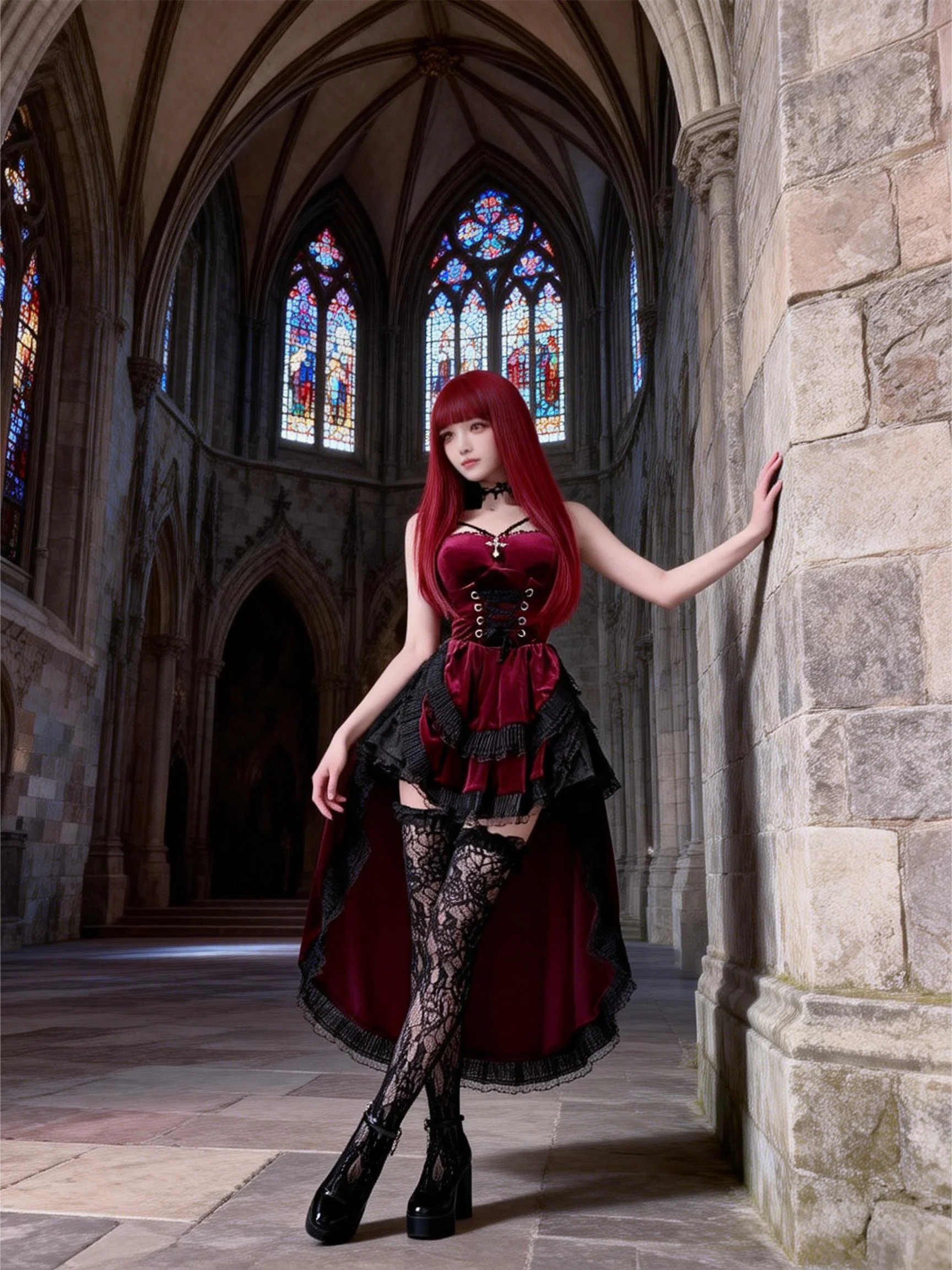 

Halloween Dark Gothic Dress Polyester High-Low Witch Performance Outfit Red/Black S-XL Sizes