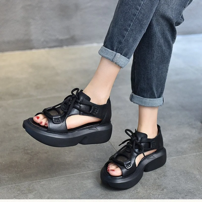 ZXRYXGS Superior Pu Platform Heightening Sandals Roman Shoes 2023 Summer Fashion Comfortable Leather Sandals Women Roman Sandals