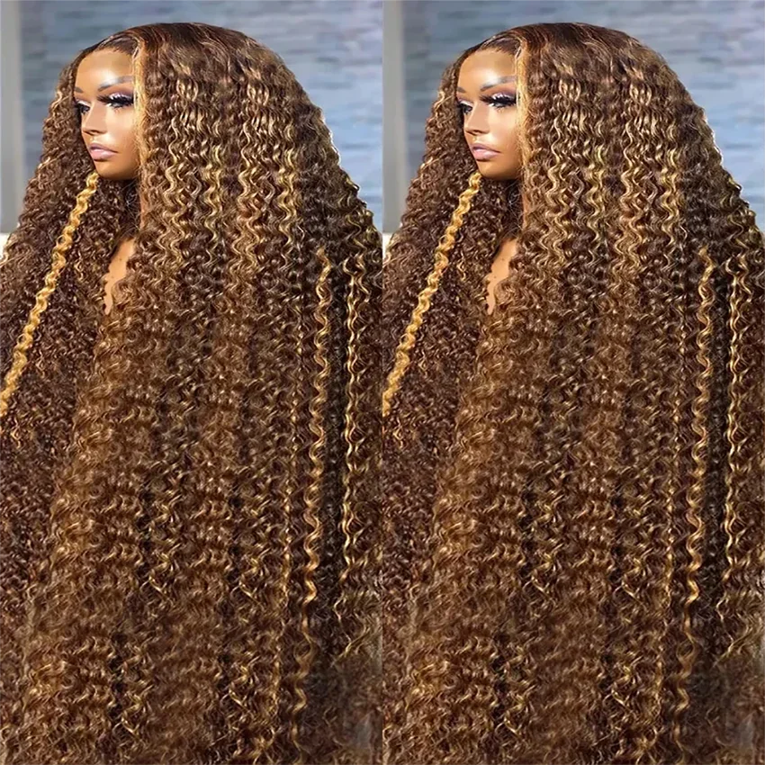 

32inches Pre Cut Highlight Ombre Glueless Preplucked Human Wigs Ready to Go Curly Deep Wave 13x4 Glueless Lace Frontal Wigs 4/27