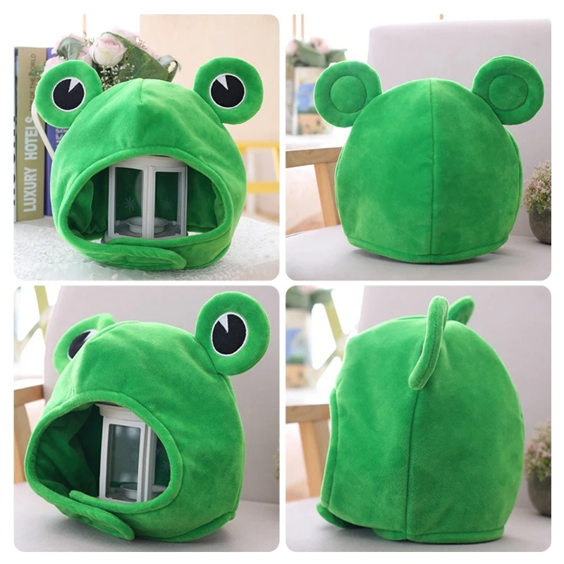 Q0KE  Plush for FROG Hat Green Scarf Cap Earflap Soft Winter Warm Ski Full Headgear for Women Men Novelty Cosplay Costume