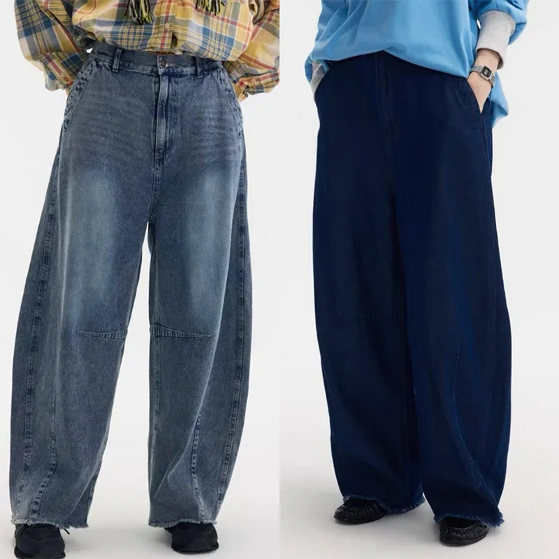 

Retro Washed Loose Hem Personality Wide Leg Jeans Japanese Style Casual Pants Cotton Material Natural Waist Button Closure