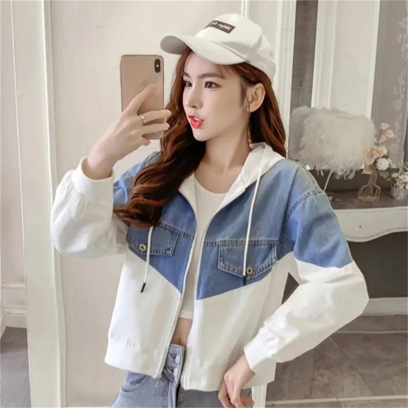 

Denim Jacket Women's Hooded Spring Work Loose Fitting Jacket Women's Slim Fitting Jacket Joker Jacket Color Matching Jacket Top