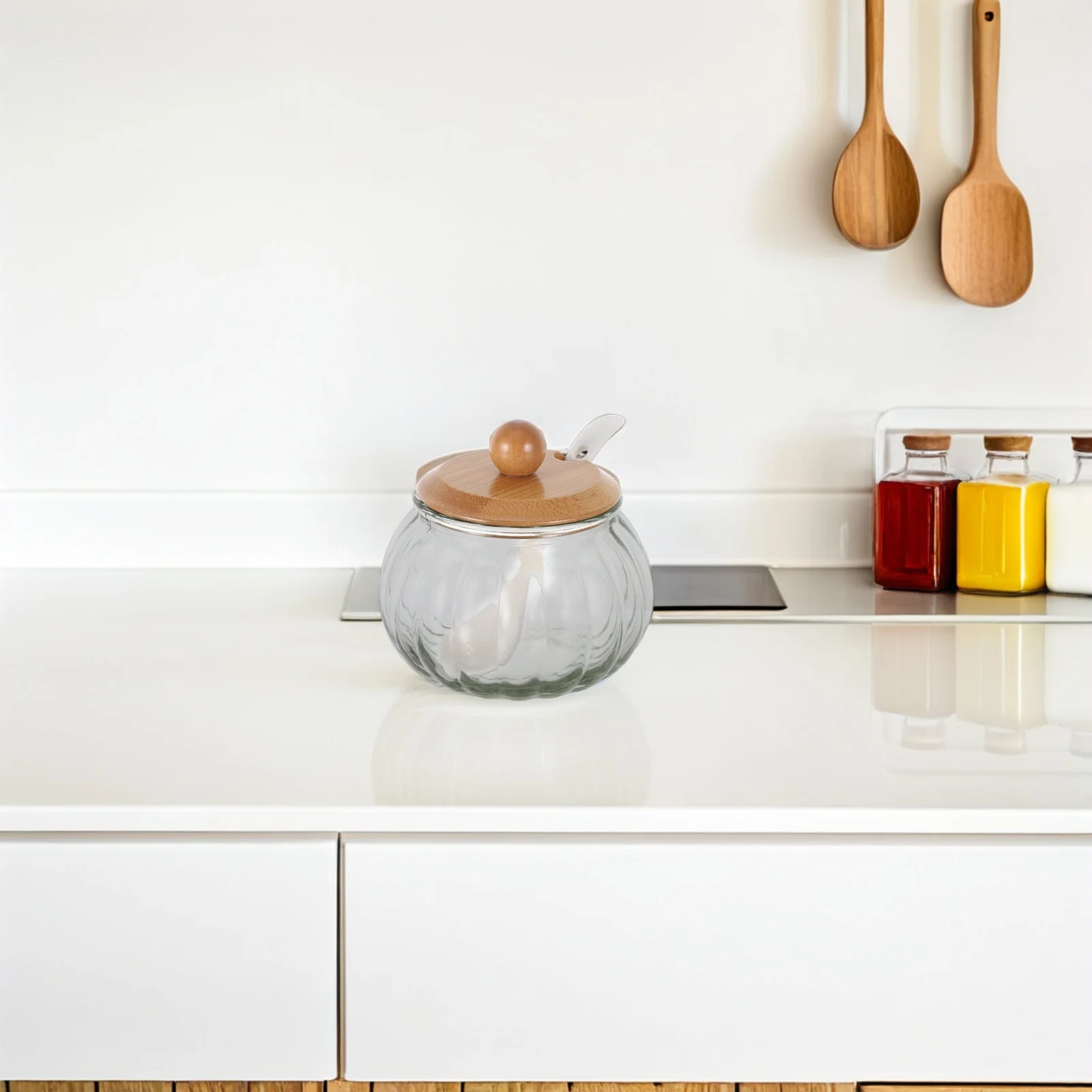 

1Set Pumpkin Shape Glass Sugar Jar Bamboo Lid Spice Container for Kitchen Coffee Bar Condiment Storage Jars with Spoon