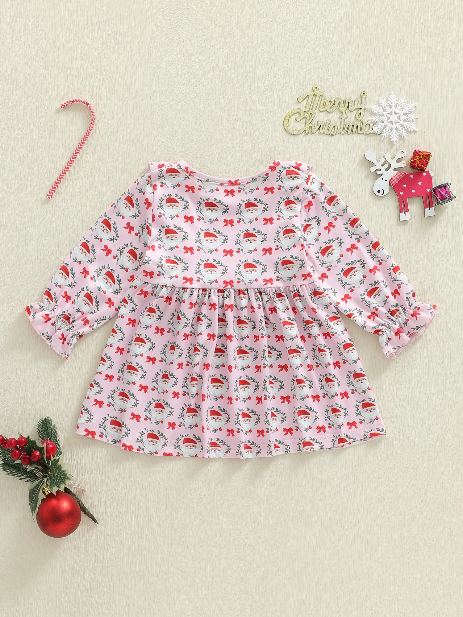 

Toddler Girls Reindeer Print Dress Christmas Short Sleeve Round Neck A-line Dress with Bow Decor and Ruffle Hem