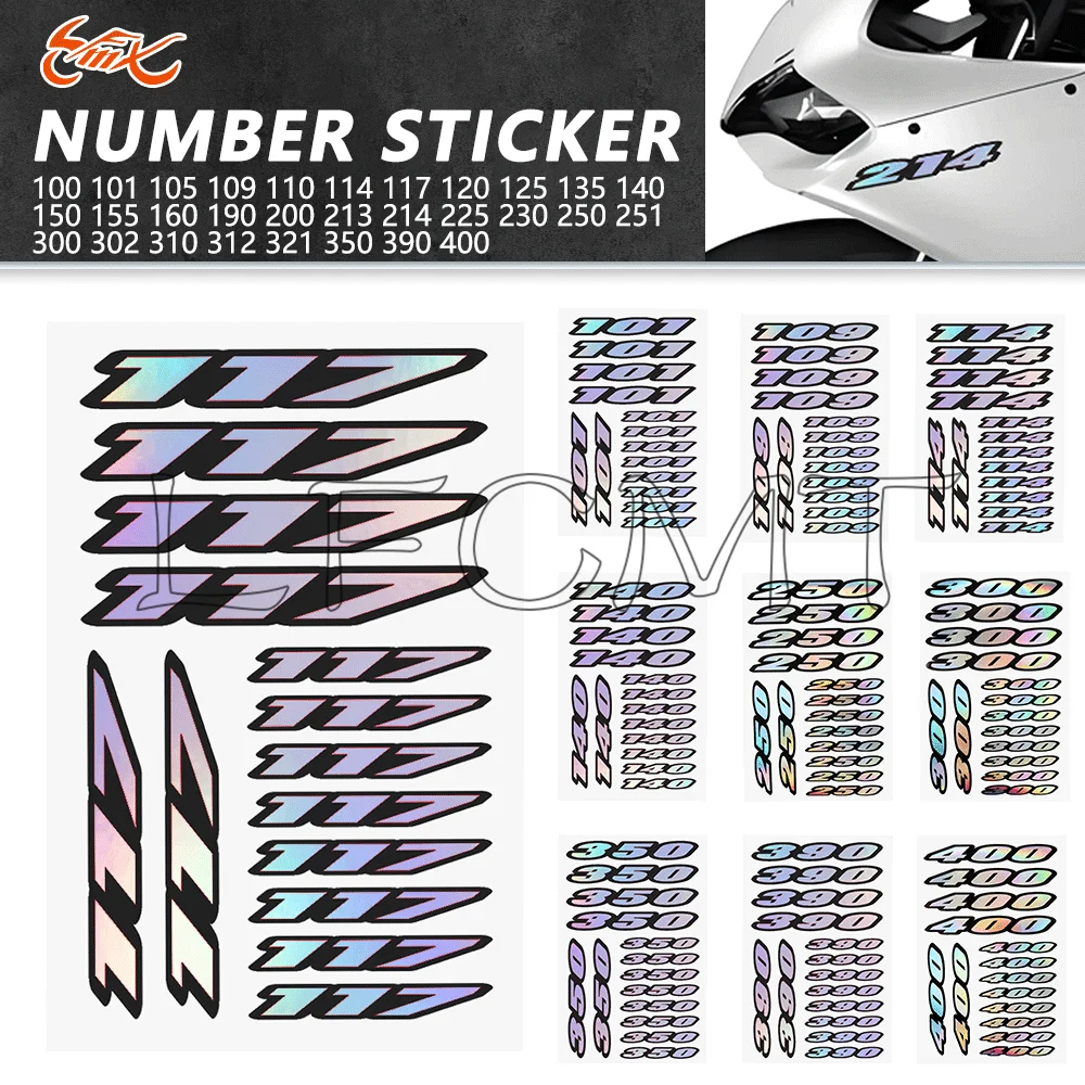 

1 лист лазерных наклеек с номерами для украшения мотоцикла от 100 до 400 390 350 250 155 125 наклейки с логотипом на передний обтекатель мотоцикла