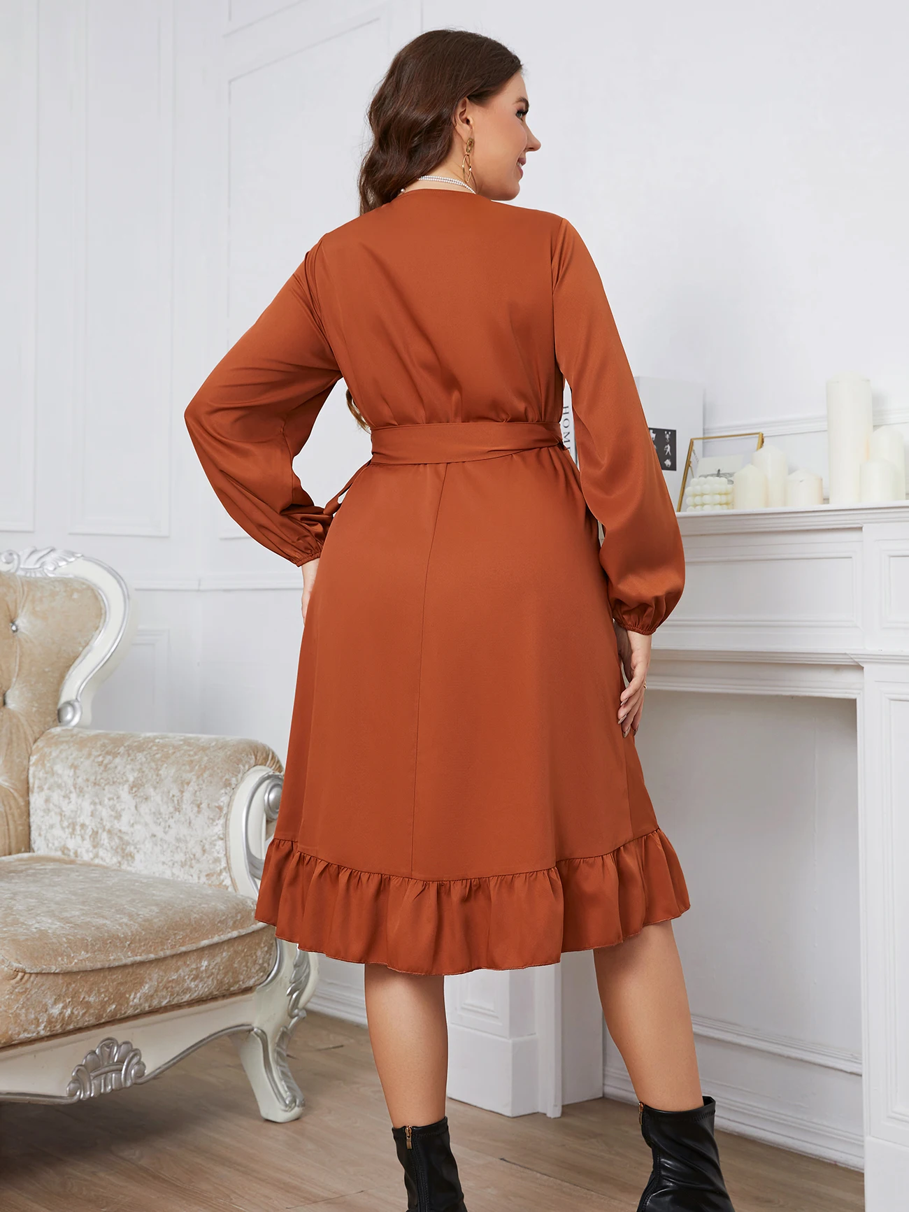 KEBY ZJ Damska sukienka midi Plus Size z długim rękawem Swing Midi Dress V Neck Wrap Belted A Line Ruffle Trim Tie Side Robe odzież