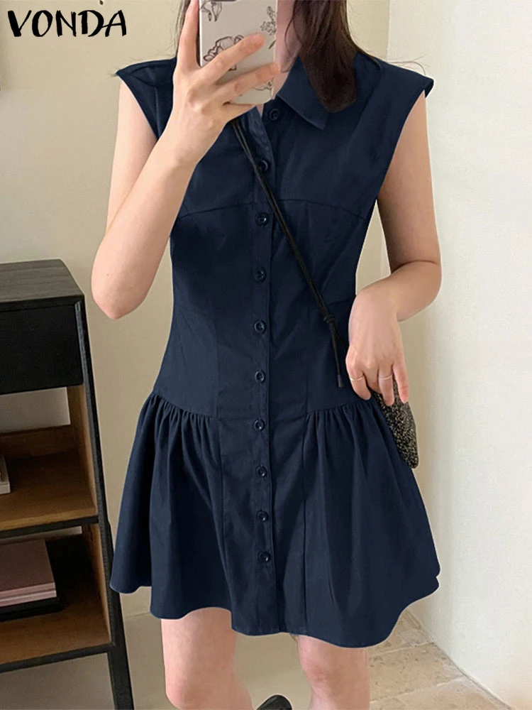 Solidna Mini Sukienka Damska Letnia Bez Rękawów Tank Sundress 2025 VONDA Casualowa Sukienka z Klapami i Guzikami Elegancka Falbankowa Vestidos Luźna Krótka Szata