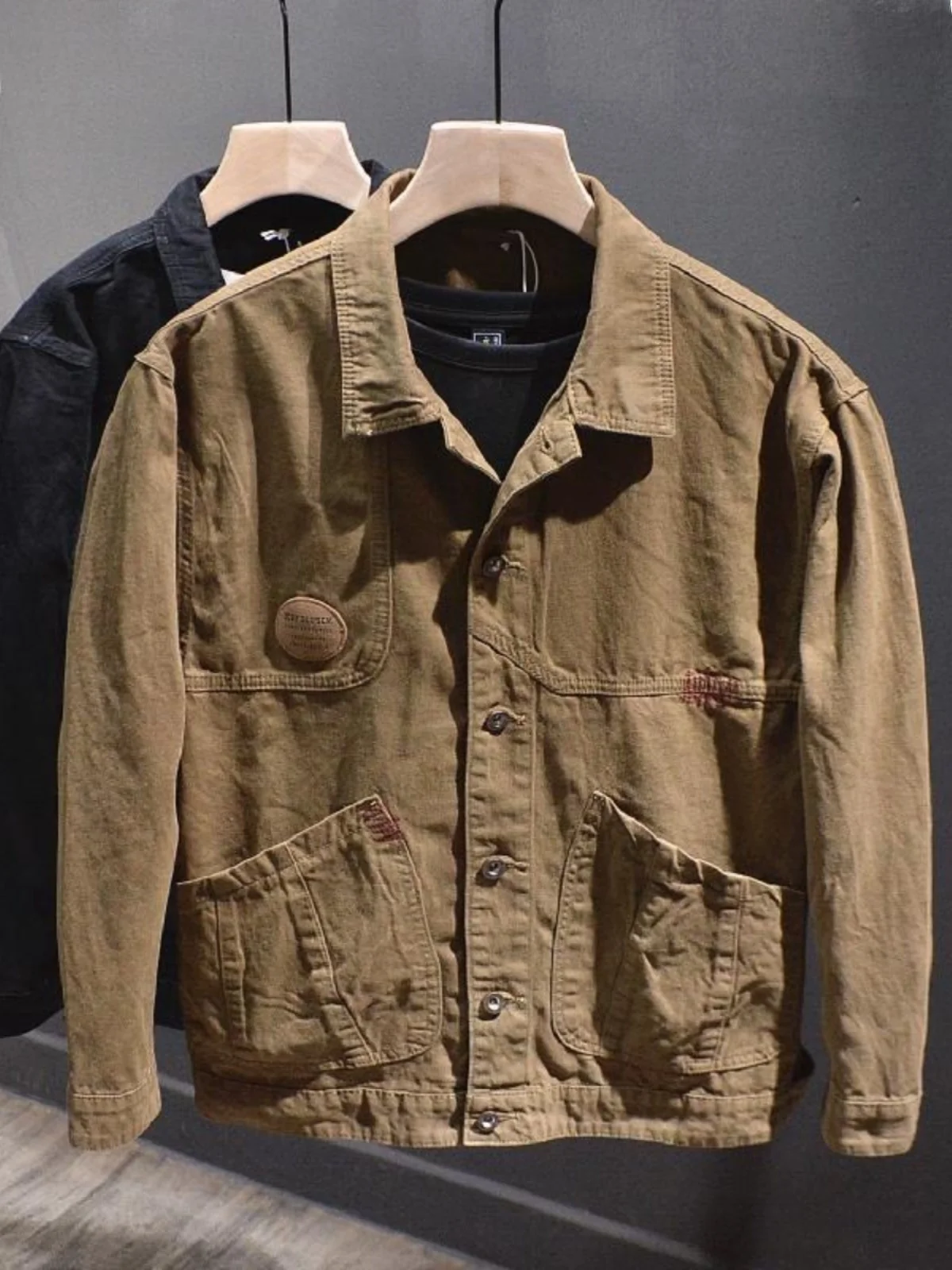 High-End Black Cotton Work Jacket Men's Loose Fit Versatile Spring Autumn American Denim Coat Youth Long Sleeve Button up