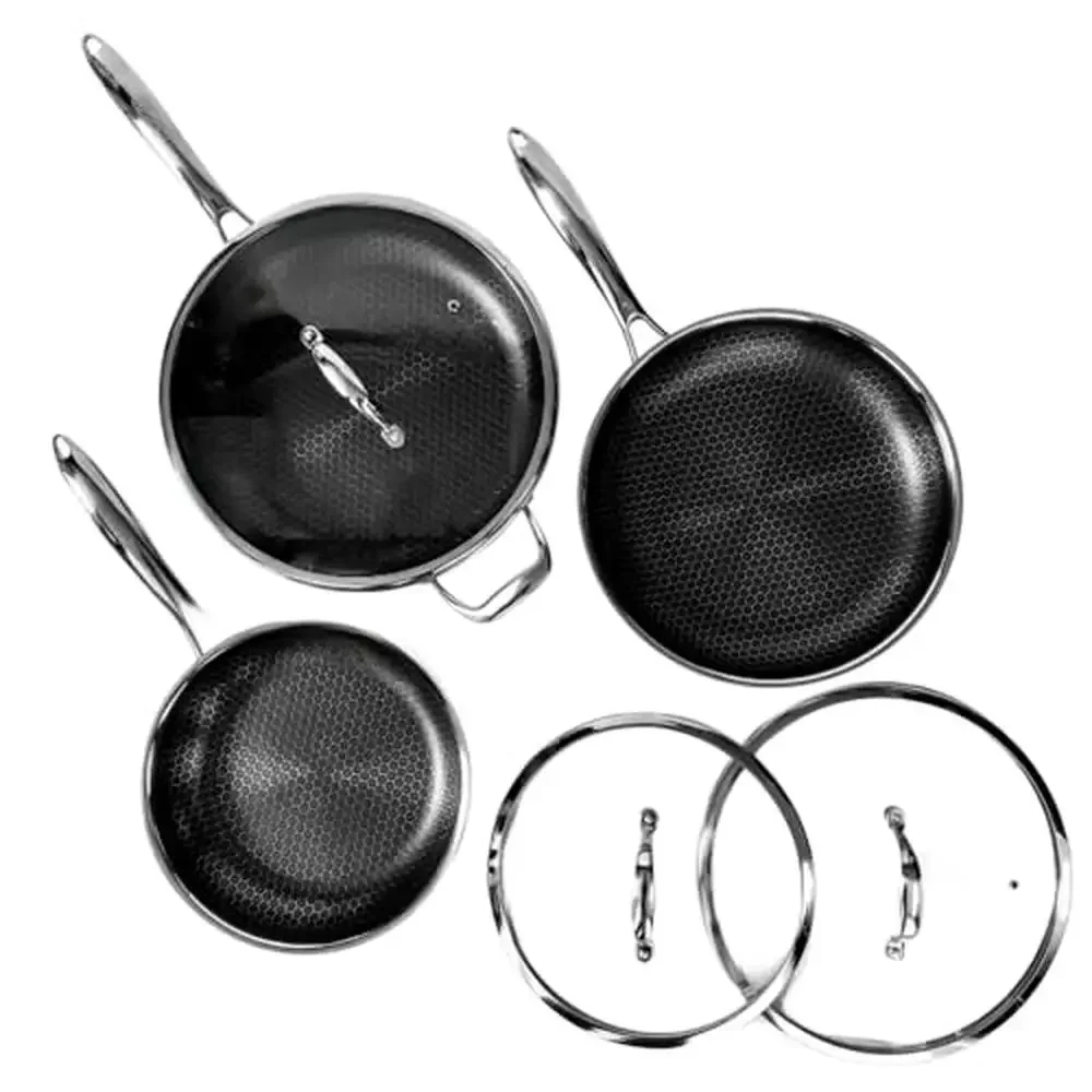 6-Piece Hybrid Stainless Steel Frying Pan Set with Lid Hexagon Surface Easy-Release Metal Utensil Safe Even Heating Oven-Safe