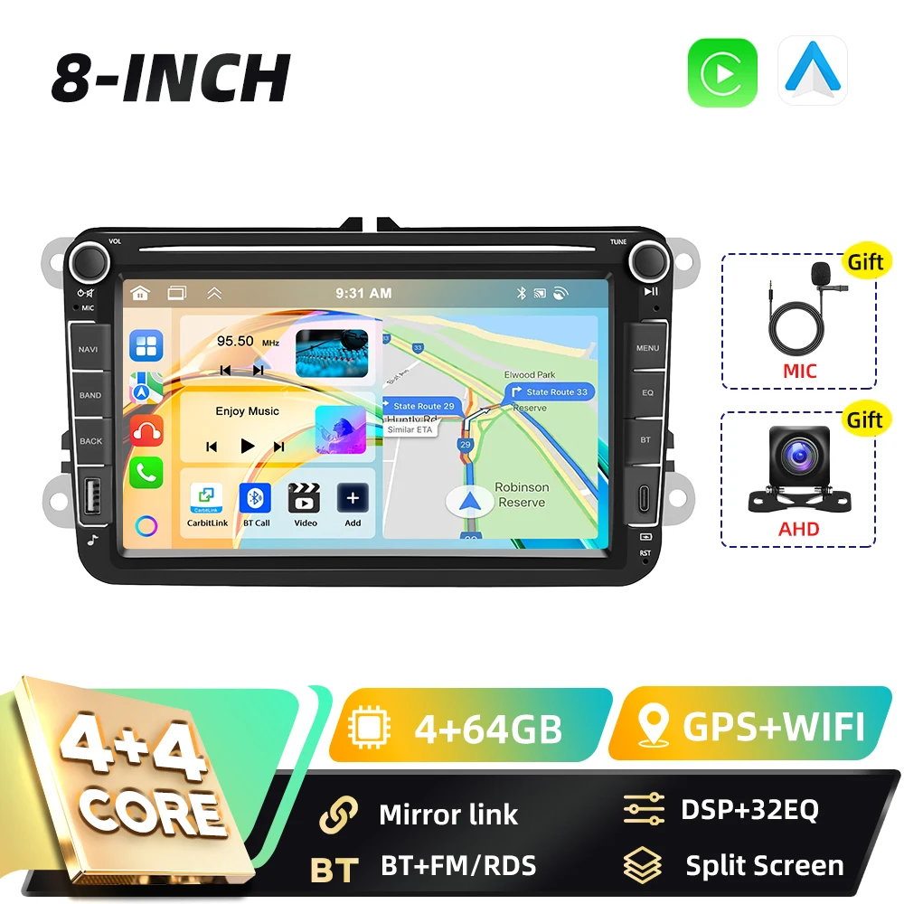 Podofo 8 inch GPS 6+128GB 2DIN autoradio voor VW Volkswagen SAGITAR JATTA JETTA Seat Altea Carplay FM/RDS Android Auto Mirror Link BT