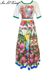 Seasixiang Fashion Designer Summer Sicily Cotton Suit Women's Short Sleeves T-shirt + Long Skirt Floral Print 2 Piece Set