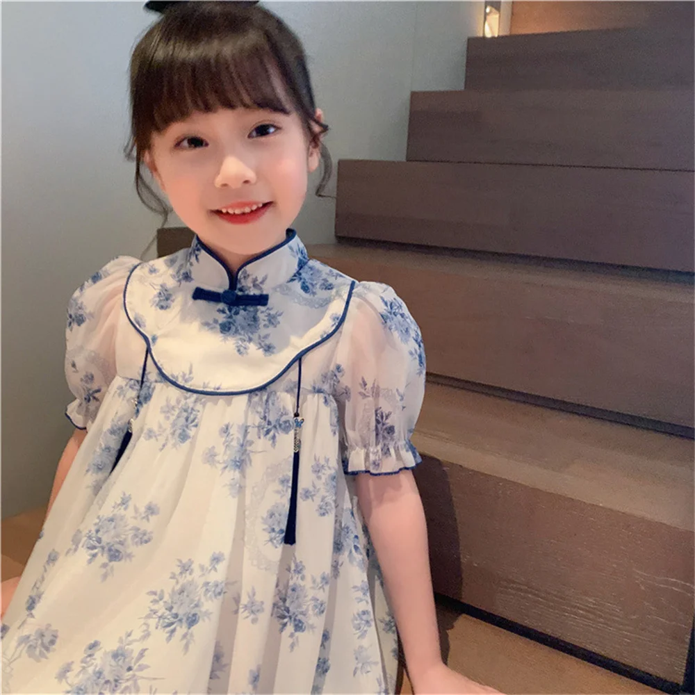 Qipao For Girls Summer Floral Dress 2-12 Years Chinese Style Cheongsam Traditional Ethnic Costume Child Girls Princess Dress