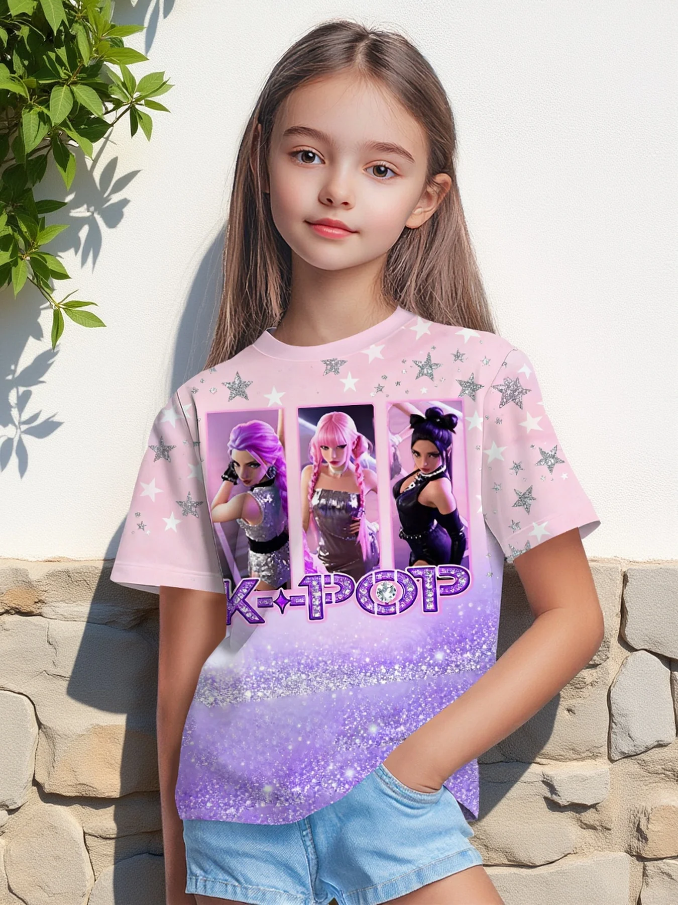 Little Girls cartoon Graphic Tee, Sparkle Glitter Ombre Star Pattern Character Photo Casual Kids Summer T-Shirt
