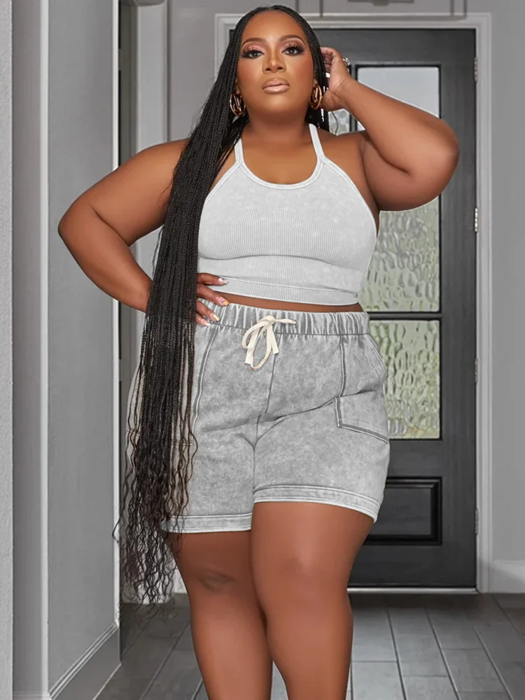 Plus Size Women Tracksuit L-4XL Summer Cami Tank Crop Top Drawstring Bikers Shorts Two Piece Set Casual Sports Clothings 2023