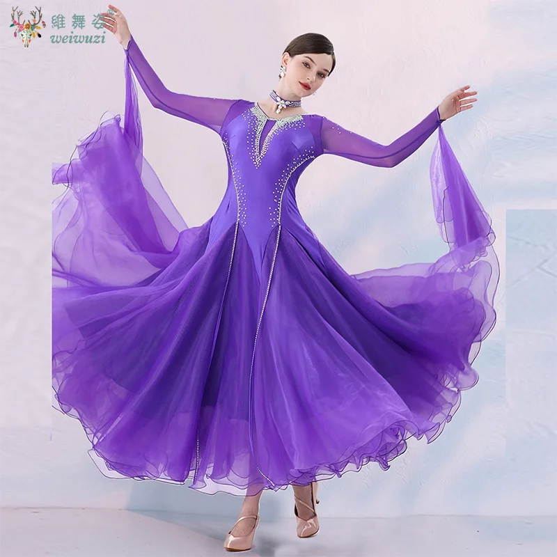 

Modern Dance Big Swing Dress Woman Competition Long Sleeved Dress Professional Tango Waltz Ballroom Dancing Performance Costume