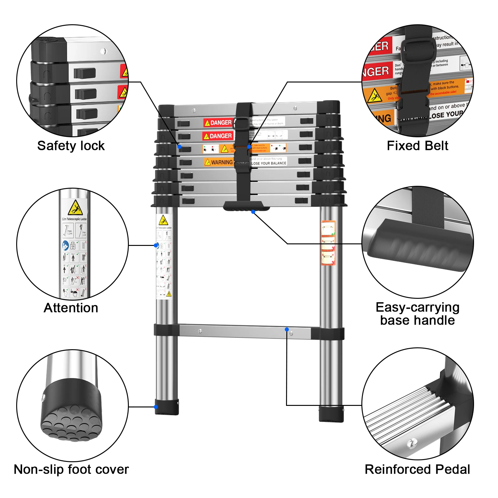 Scale pieghevoli da 2,6 m Prolunga telescopica allungabile in acciaio inossidabile 9 gradini Capacità massima 150 kg EN131 Portatile adatta per uso domestico