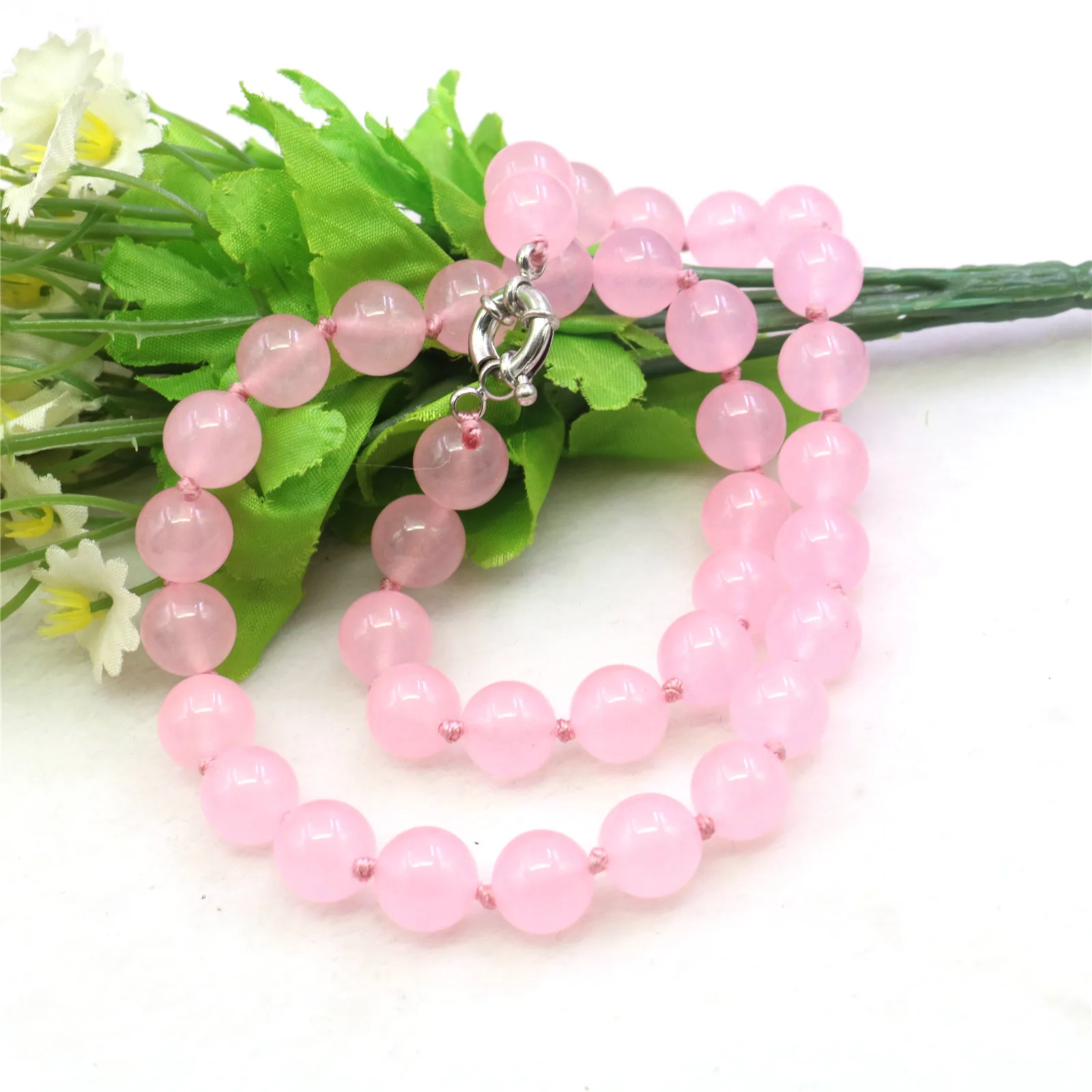 10mm Round Pink Jades Chalcedony Jaspers Necklace Natural Stone Hand Made Women Girls Neckwear DIY Fashion Jewelry Making Design