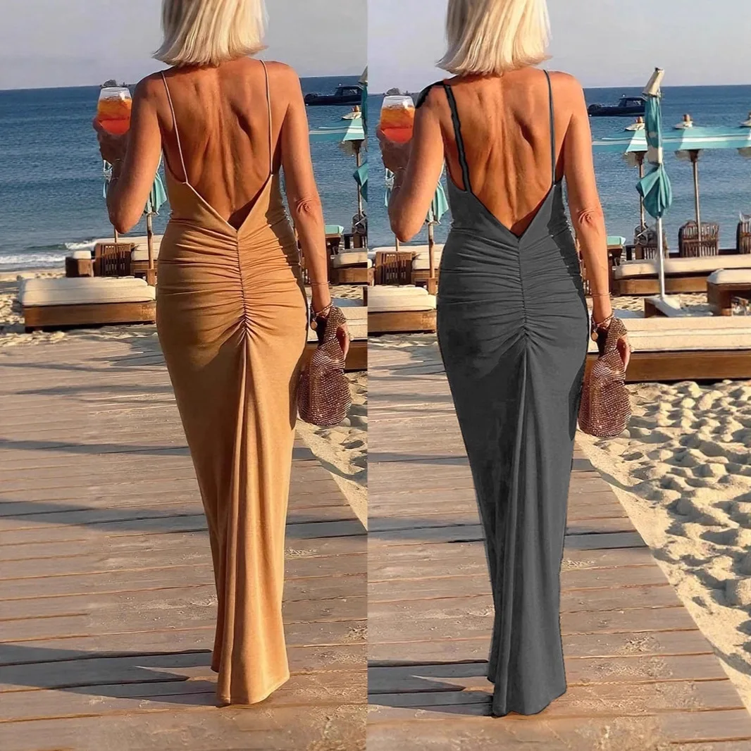 Abito sexy con canottiera da donna, cinturino aderente estivo, senza schienale, increspato, aderente, per le vacanze al mare, tubino sexy, abito lungo aderente