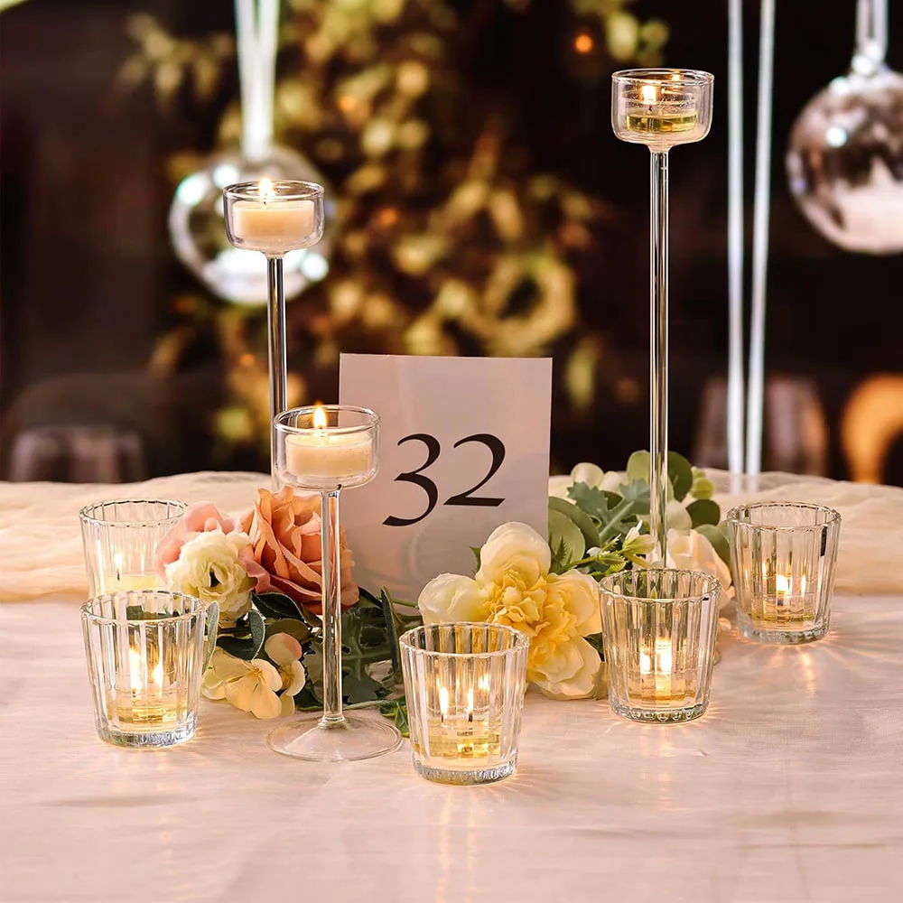 Vintage Ribbed Votive Candle Holders, Glass Tea Lights Candle Holder for Wedding Table Centerpiece Decor, Holiday Decor