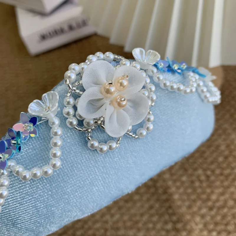 French Imitation Pearls Velvet Crown Headband Triangle Flower Hair Hoop Bride W 2