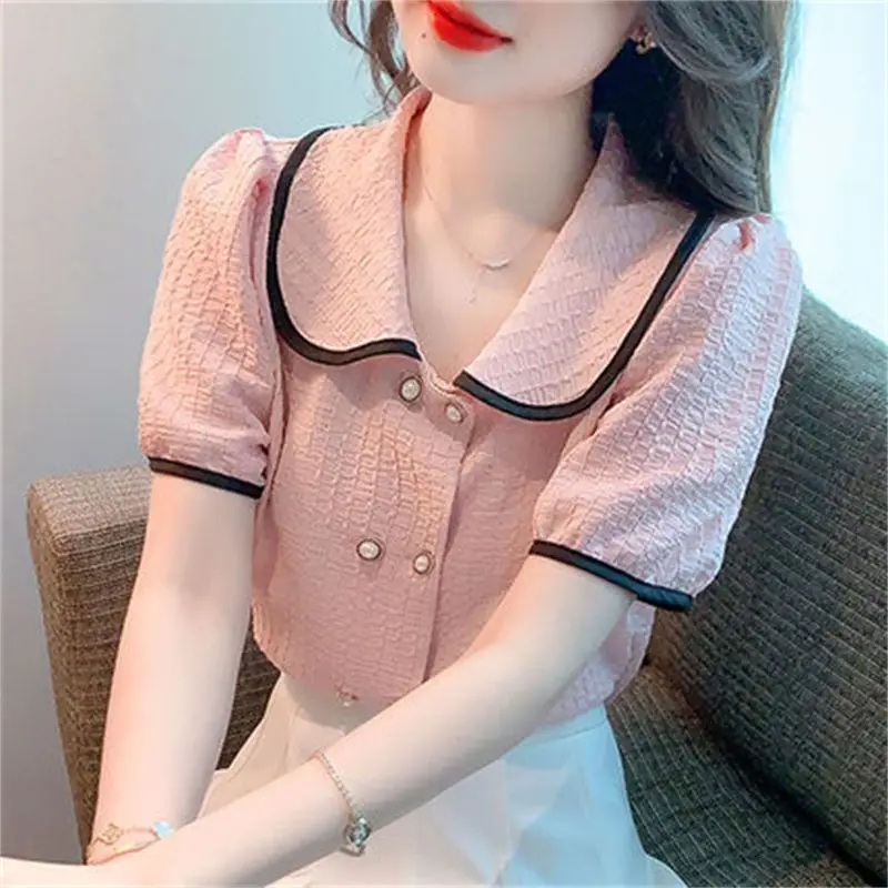 Contrast Loose Korean Blouse Summer New Short Sleeve Solid Color Youth All-match T Shirt Tops Sweet Fashion Trend Women Clothing