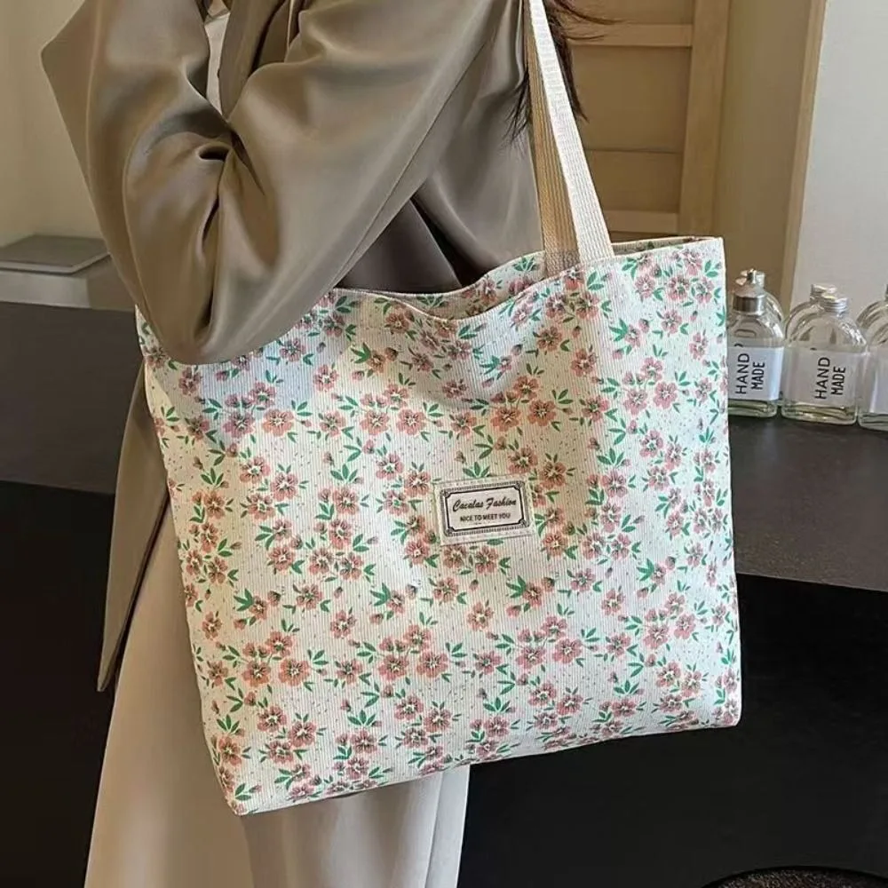 Portable Floral Shoulder Bag Reusable Large Capacity Canvas Tote Bag Lightweight Shopping Bag Students